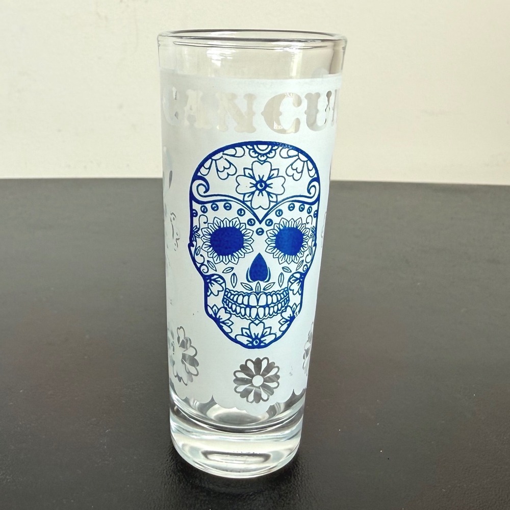 Tequilero Shot Glass Blue White Frosted Sugar Skull Cancun Mexico Souvenir NWT